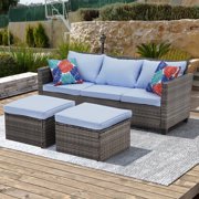 Ainfox 3 Pieces Patio Furniture Seating Set, Outdoor Sectional Conversation Set, Wicker Rattan Chairs Sofa Sets (Blue)