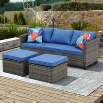 Ainfox 3 Pieces Patio Furniture Seating Set, Outdoor Sectional Conversation Set, Wicker Rattan Chairs Sofa Sets (Navy Blue)