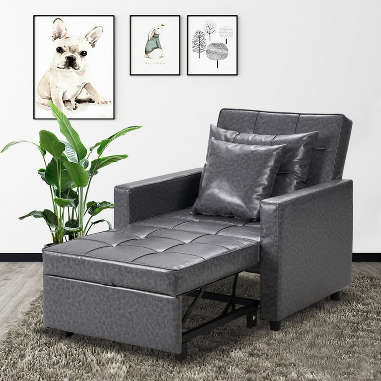 Ainfox 3 in 1 Leather Sofa Bed Chair Single Sleeper Recliner Bed with 5 Levels Adjust Backrest Pockets and Pillows