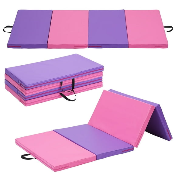 Ainfox 3'x6'x2" 4 Fold Straight Design Thick Folding Gymnastic Mat With Handles for Home Fitness, Pink/Purple