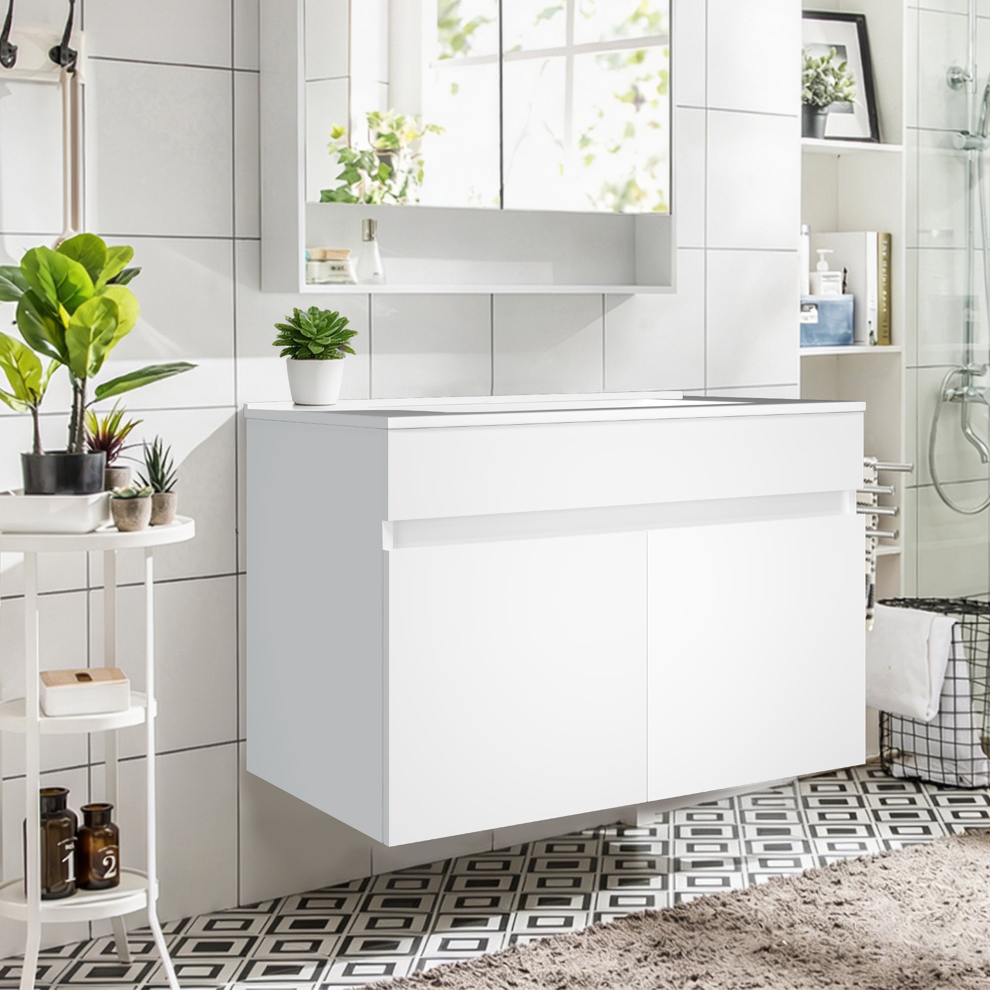 Ainfox 30" W Wall Mounted Bathroom Vanity with Ceramic Top and Sink, Storage Cabinet