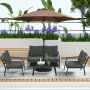 Ainfox 4 Pcs Aluminum Patio furniture Set on Clearance + Free Patio Umbrella, Outdoor Sectional Sofa with Loveseat Single Chairs Coffee Table, Grey