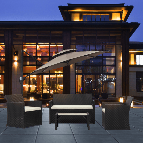 Ainfox 4 Pcs Conversation Set Rattan Wicker Sofa 4 Sectional with Coffee Table and Cushions(White)