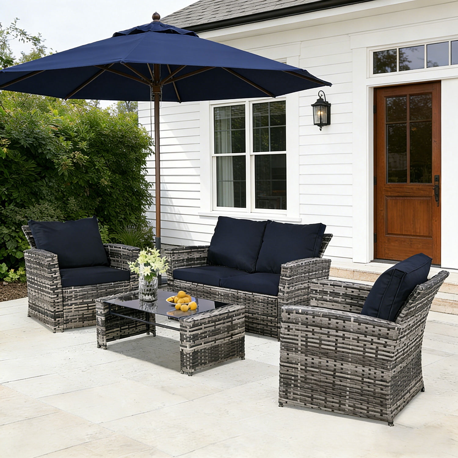 Ainfox 4-Piece Blue Outdoor Wicker Patio Furniture Set, Rattan Sectional Sofa with Cushions & Glass Table