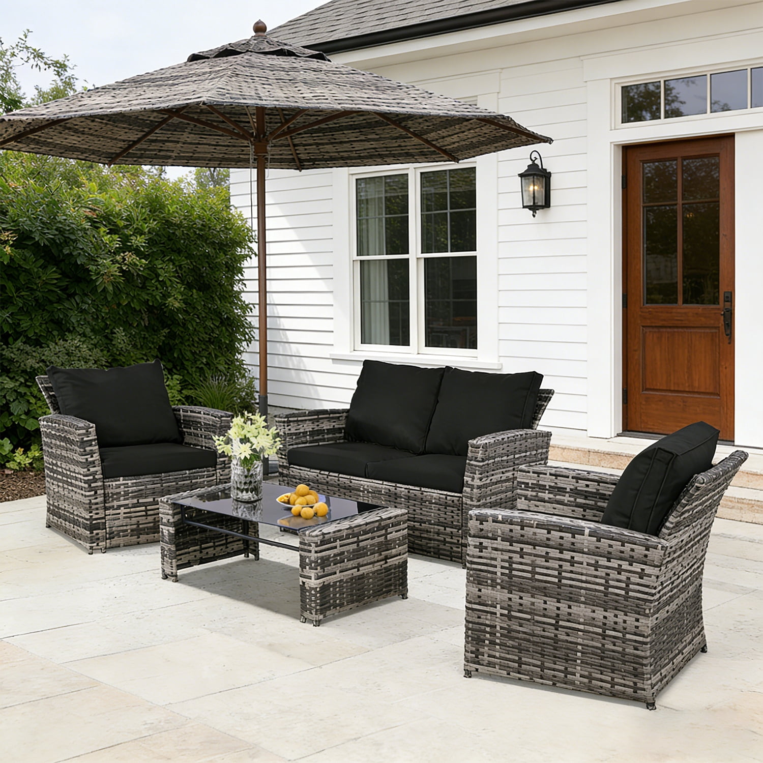 Ainfox 4-Piece Black Outdoor Wicker Patio Furniture Set, Rattan Sectional Sofa with Cushions & Glass Table