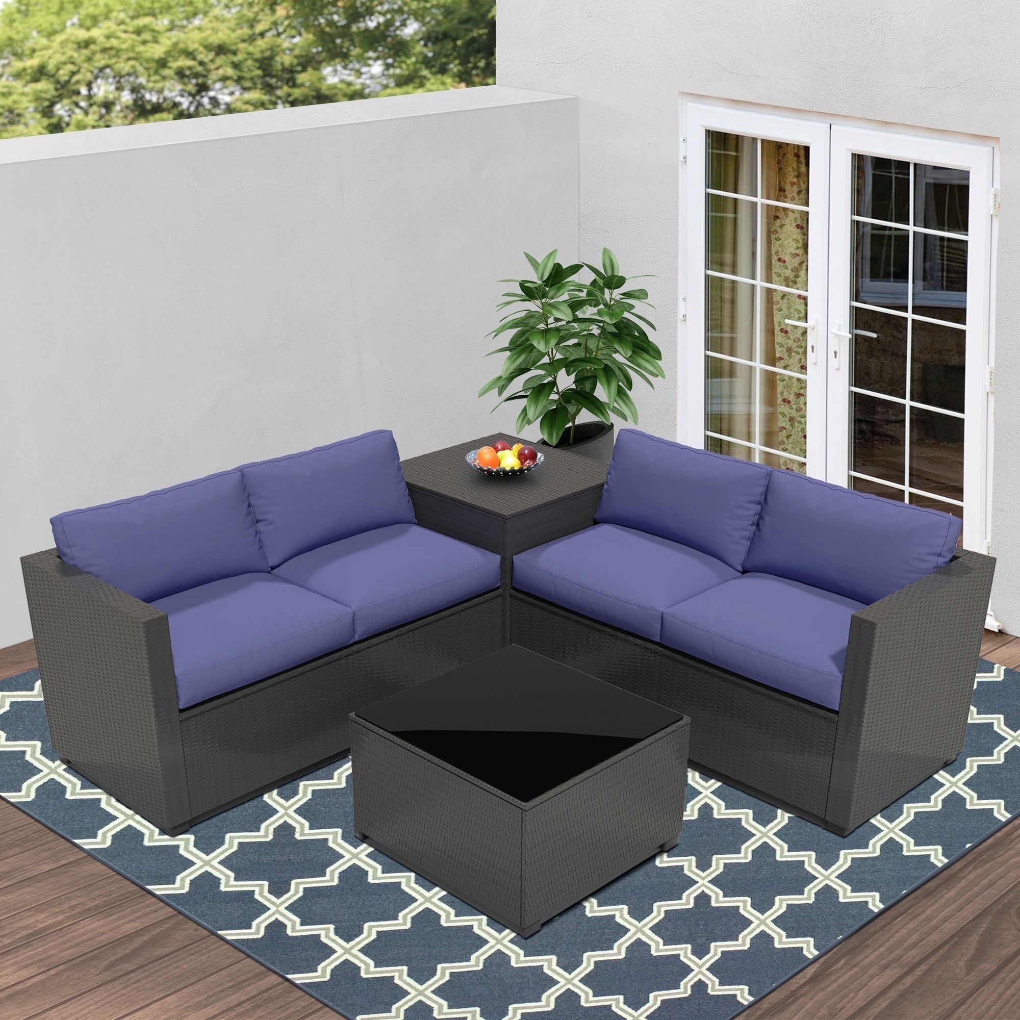 Ainfox 4 Pcs Outdoor Patio Furniture Set, Sectional Sofa with Steel Frame, Glass Table & Storage Box, Blue