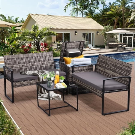Ainfox 4-Piece Outdoor Wicker Patio Set with Cooler Storage Box, Grey Rattan & Gray Cushion