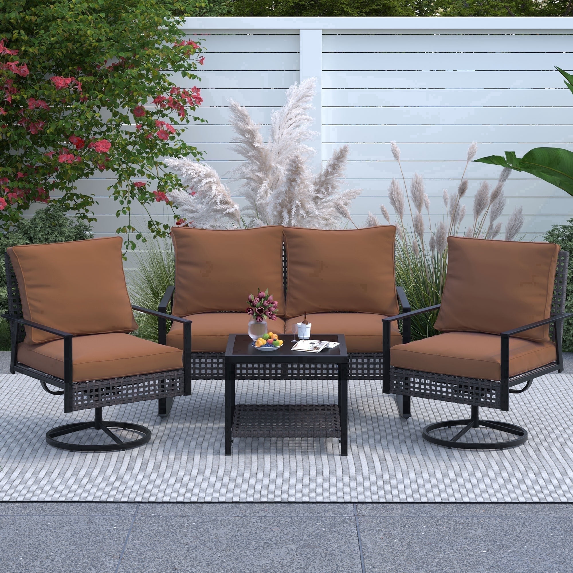 Ainfox 4-Piece Outdoor Patio Furniture Sofa Set with Chairs, Coffee Table and Loveseat, Brown