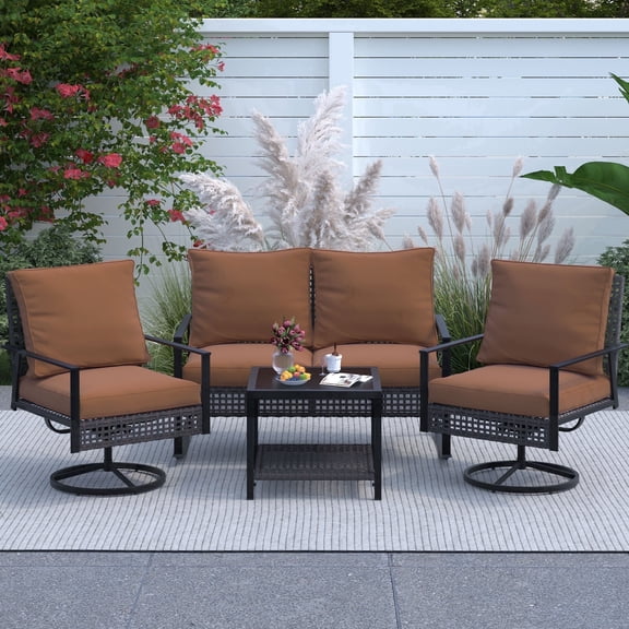 Ainfox 4-Piece Outdoor Patio Furniture Sofa Set with Chairs, Coffee Table and Loveseat, Brown
