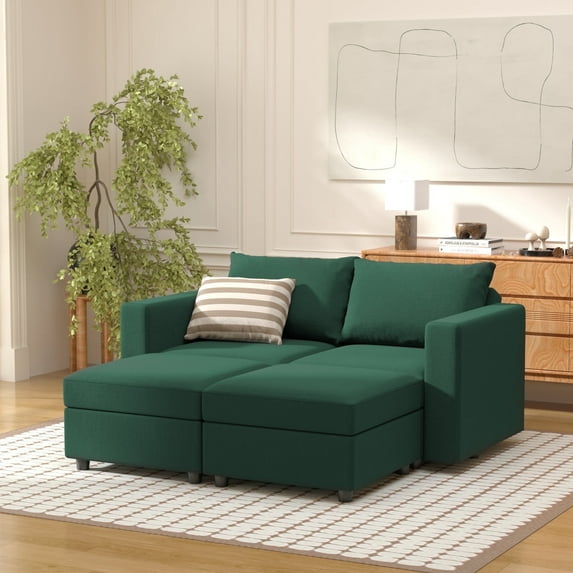 Ainfox 4 Piece Upholsterd Storage Modular Couch Set with Ottoman, Reversible Sleeper Couches, Modular Sectional Sofas Seats Forest Green