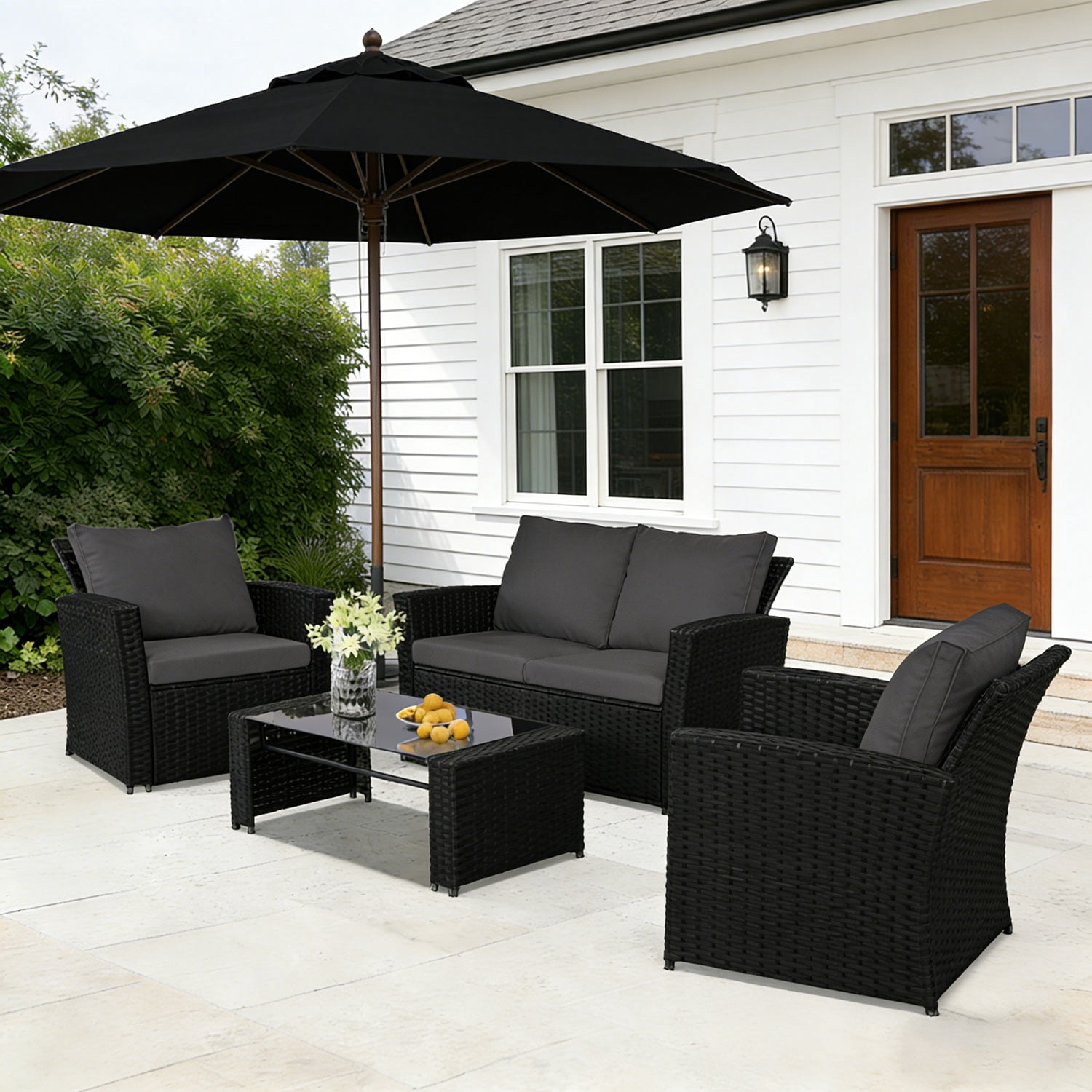 Ainfox 4-Piece Gray Outdoor Wicker Patio Furniture Set, Rattan Sectional Sofa with Cushions & Glass Table