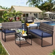 Ainfox 4-Piece Outdoor Wicker Patio Set with Cooler Storage Box, Gray Rattan & Blue Cushion