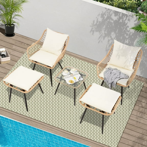 Ainfox 5-Piece Patio Bistro Furniture Set,Outdoor Wicker Rattan Chat Conversation Set for Porch,Balcony,Backyard,Apartment,Balcony,Square Tempered Glass Coffee Table,Yellow/Beige