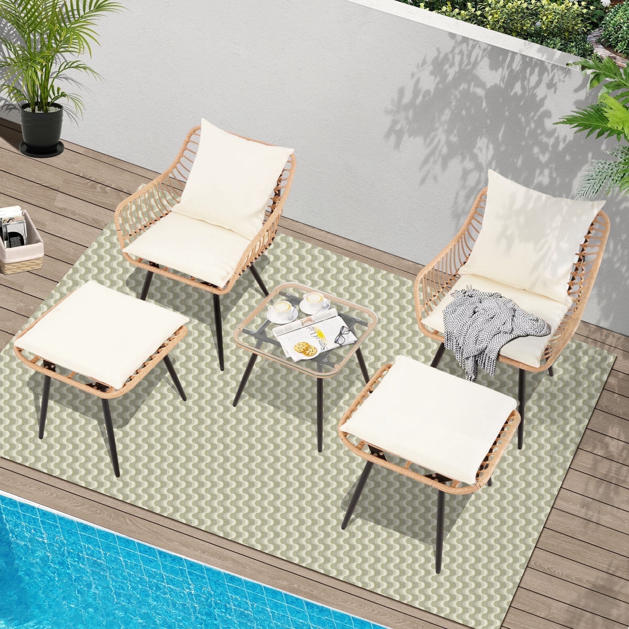 Ainfox 5 Pieces Patio Bistro Furniture Set on Sale,Outdoor Wicker Rattan Chat Conversation Set,Square Coffee Table,Yellow/Beige
