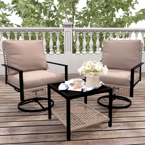 Ainfox Premium Patio Swivel Bistro Set,Wicker Rattan Rocking Chairs w/Glass Top Table & Cushions,Khaki