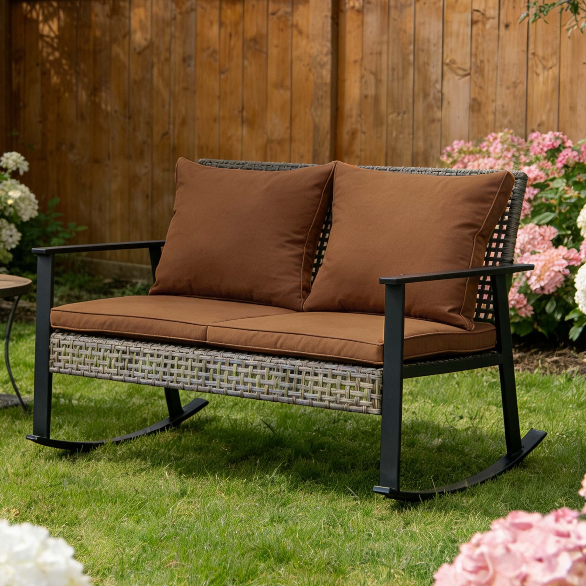 Ainfox Outdoor Rocking Loveseat High-back Rattan Wicker Patio Rocking 2-Seater Chair, Brown