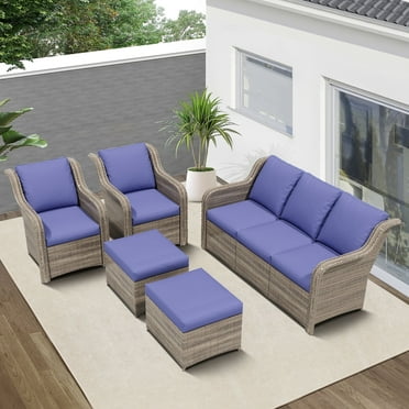 Ainfox 7 Pieces Patio Furniture Sofa Set on Sale, Outdoor Sectional Set with 3 Seater Sofa, Single Chair and Ottoman, Blue