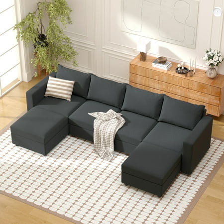 Ainfox 6 Seater Modular Sectional Sofa for Living Room, U Shaped Convertible Sleeper Sofa Bed with Storage and Adjustable Backrest, Dark Gray
