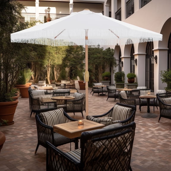 Ainfox 7.5ft Boho Patio Umbrella with Fringe, Outdoor Tassel Umbrella, Waterproof Sun Protection Umbrella,White