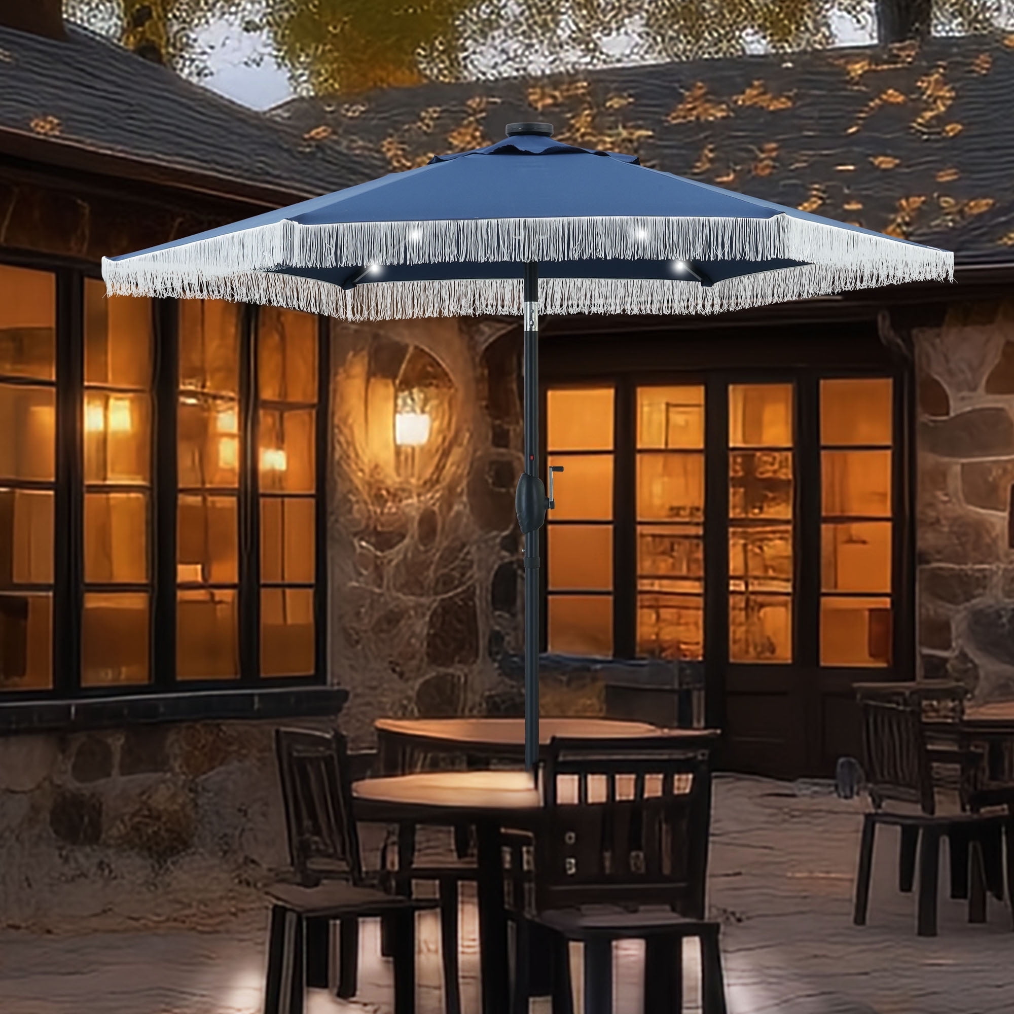 Ainfox 7.5 ft Boho Fringe Patio Umbrella with LED Solar Lights ...