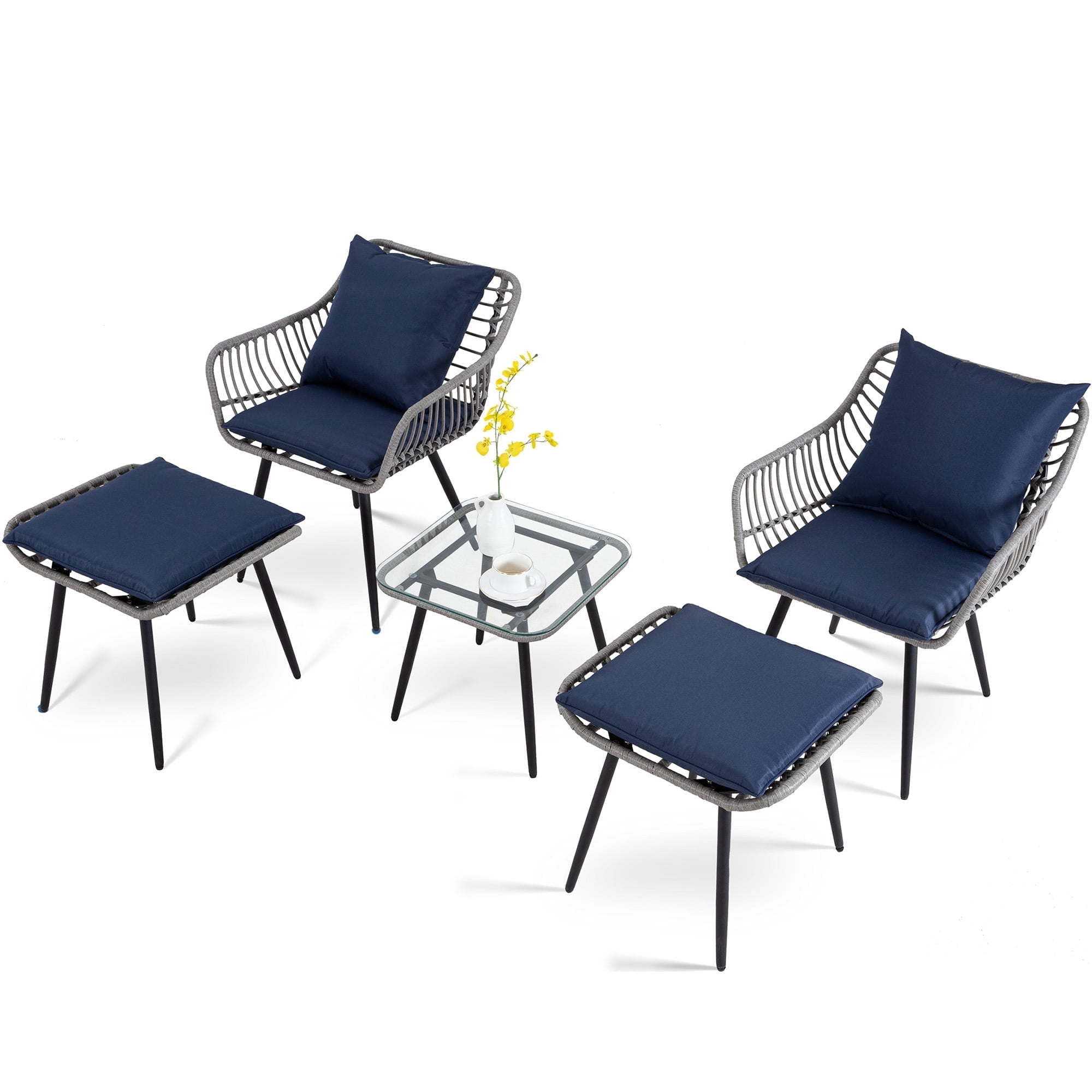 Ainfox 5 Pieces Patio Bistro Furniture Set on Sale,Outdoor Wicker Rattan Chat Conversation Set,Square Coffee Table,Grey/Blue