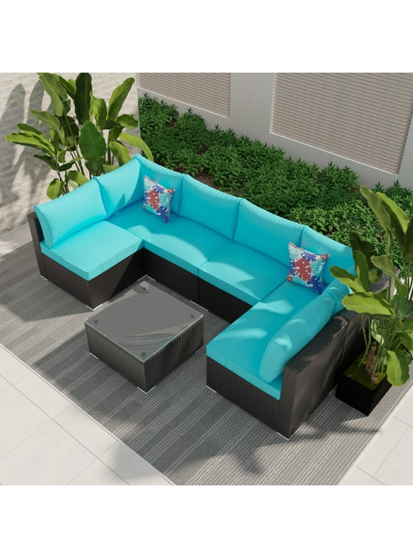 Ainfox 7 Pcs Outdoor Patio Furniture Sofa Set on Sale, Black-Blue