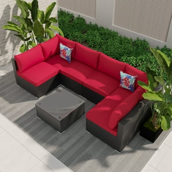 Ainfox 7 Pcs Outdoor Patio Furniture Sofa Set on Sale,Black-Red