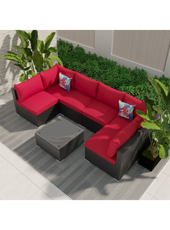 Ainfox 7 Pcs Outdoor Patio Furniture Sofa Set on Sale,Black-Red