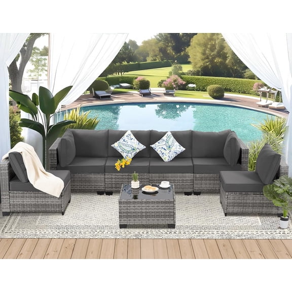 Ainfox 7-Piece Wicker Patio Furniture Set, Rattan Sectional with Cushion & Tempered Glass Coffee Table, Gray for Porch/Backyard