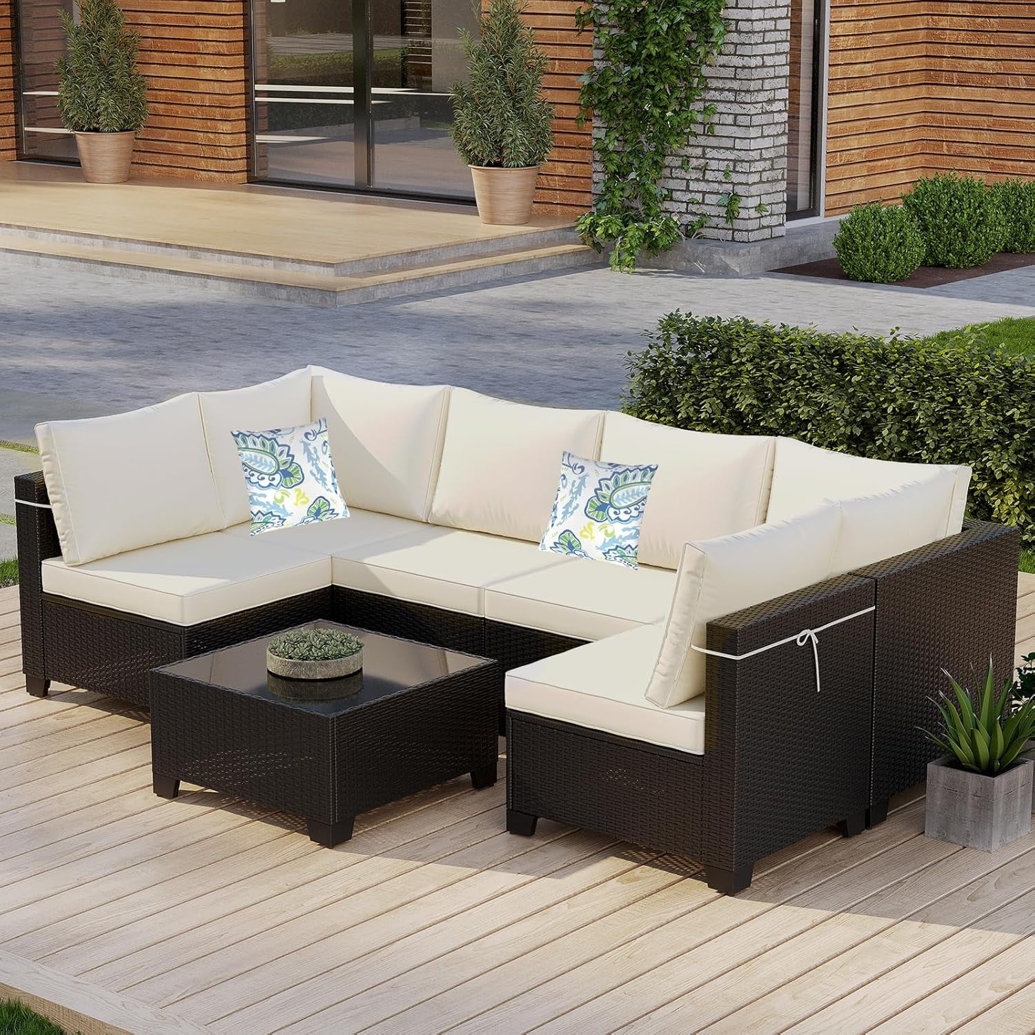 Ainfox 7-Piece Outdoor Patio Furniture Sofa Set, Rattan Wicker, UV-Resistant, Blue