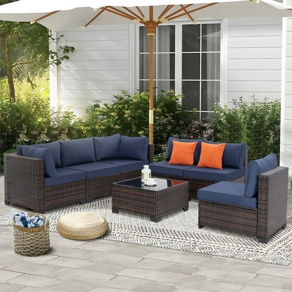 Ainfox 7 Pcs Outdoor Patio Furniture Sofa Set on Sale, Brown Rattan Blue Cushions