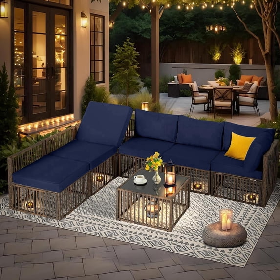 Ainfox 7 Pieces Outdoor Wicker Patio Furniture Set, Adjustable Backrest Sectional Conversation Couch with Thick Cushions & Coffee Table for Garden Porch Poolside, Brown/Blue