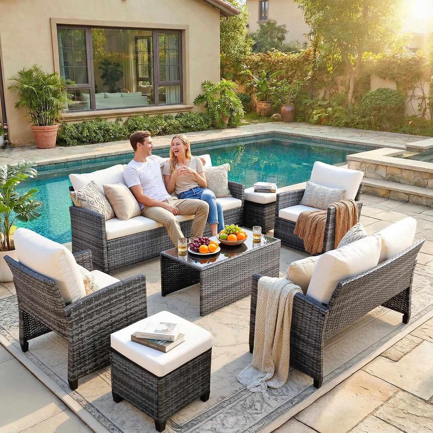 Ainfox 7-Piece Outdoor Wicker Patio Furniture Set, Sectional Conversation Set with 3-Seat Sofa, Loveseat, Coffee Table, Chairs & Ottomans, Gray, Space-Saving Design for Backyard, Porch, Poolside