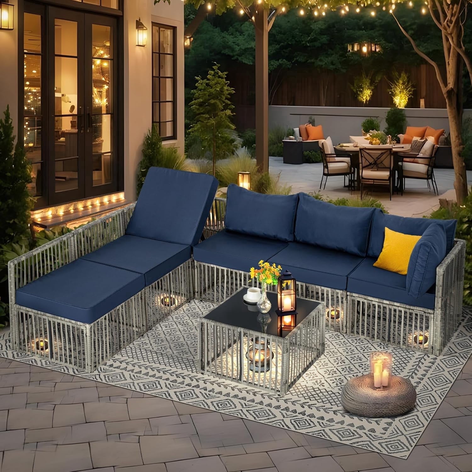 Ainfox 7 Pieces Outdoor Wicker Patio Furniture Set, Adjustable Backrest Sectional Conversation Couch with Thick Cushions & Coffee Table for Garden Porch Poolside, Gray/Blue
