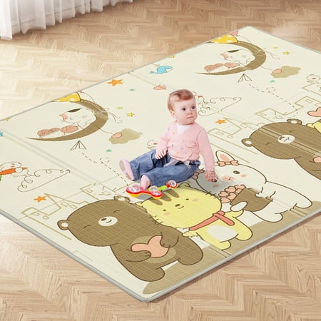 Ainfox 79"X59" Foldable Baby Play Mat, Non-Toxic Reversible Foam Playmat, Portable Waterproof Anti-Slip Activity Pad with Travel Bag for Babies, Toddlers, Infants, 0.4" Thick