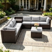 Ainfox 8 Piece Outdoor Patio Rattan Sectional Storage Furniture Set, All Weather PE Wicker Modular Conversation Sofa with Ottoman & Side Box for Backyard Pool D