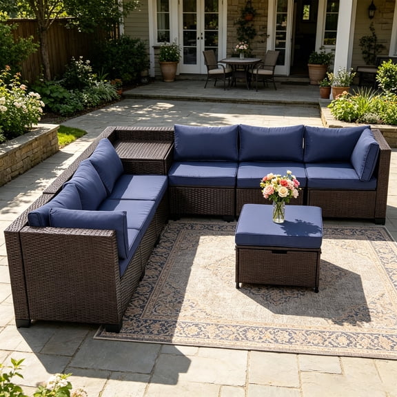 Ainfox 8 Piece Outdoor Patio Rattan Sectional Storage Furniture Set, All Weather PE Wicker Modular Conversation Sofa with Ottoman & Side Box for Backyard Pool Deck,Navy Blue
