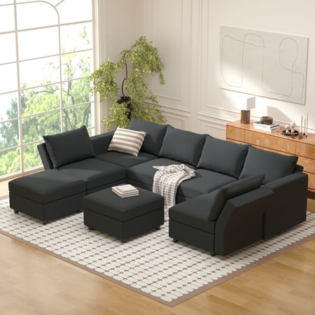 Ainfox 8 Piece Upholsterd Storage Modular Sofa Set with Ottoman, Reversible Sleeper Couches, Modular Sectional Sofas Seats Dark Gray