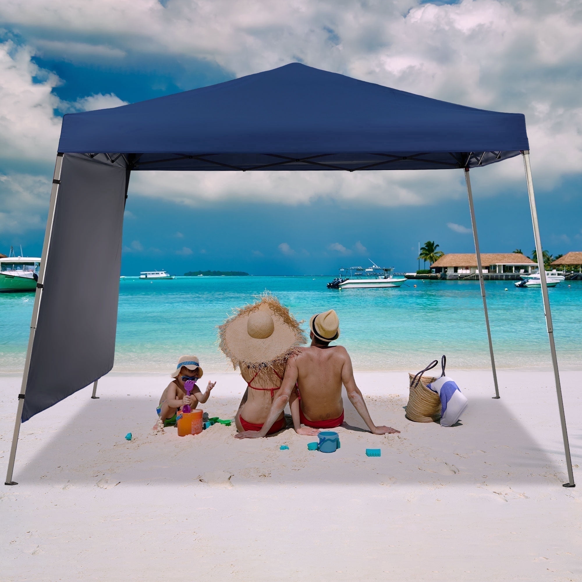 Ainfox 8 x 8 ft Pop up Canopy Tent with One Sidewall,Instant Slant Outdoor Gazebo for Beach, Sun Shade,Outdoor Activies,Blue
