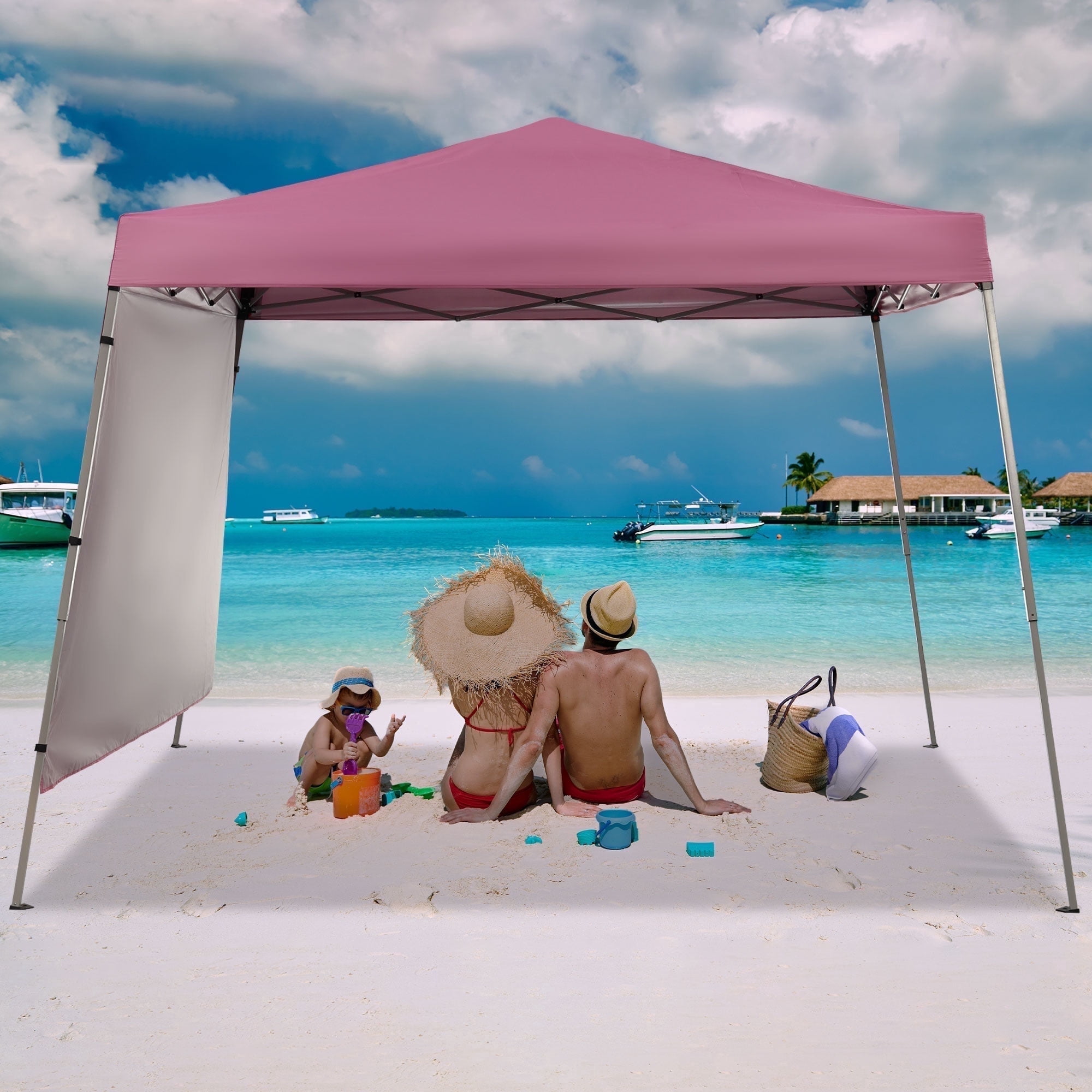 Ainfox 8 x 8 ft Pop up Canopy Tent with One Sidewall,Instant Slant Outdoor Gazebo for Beach, Sun Shade,Outdoor Activies,Pink