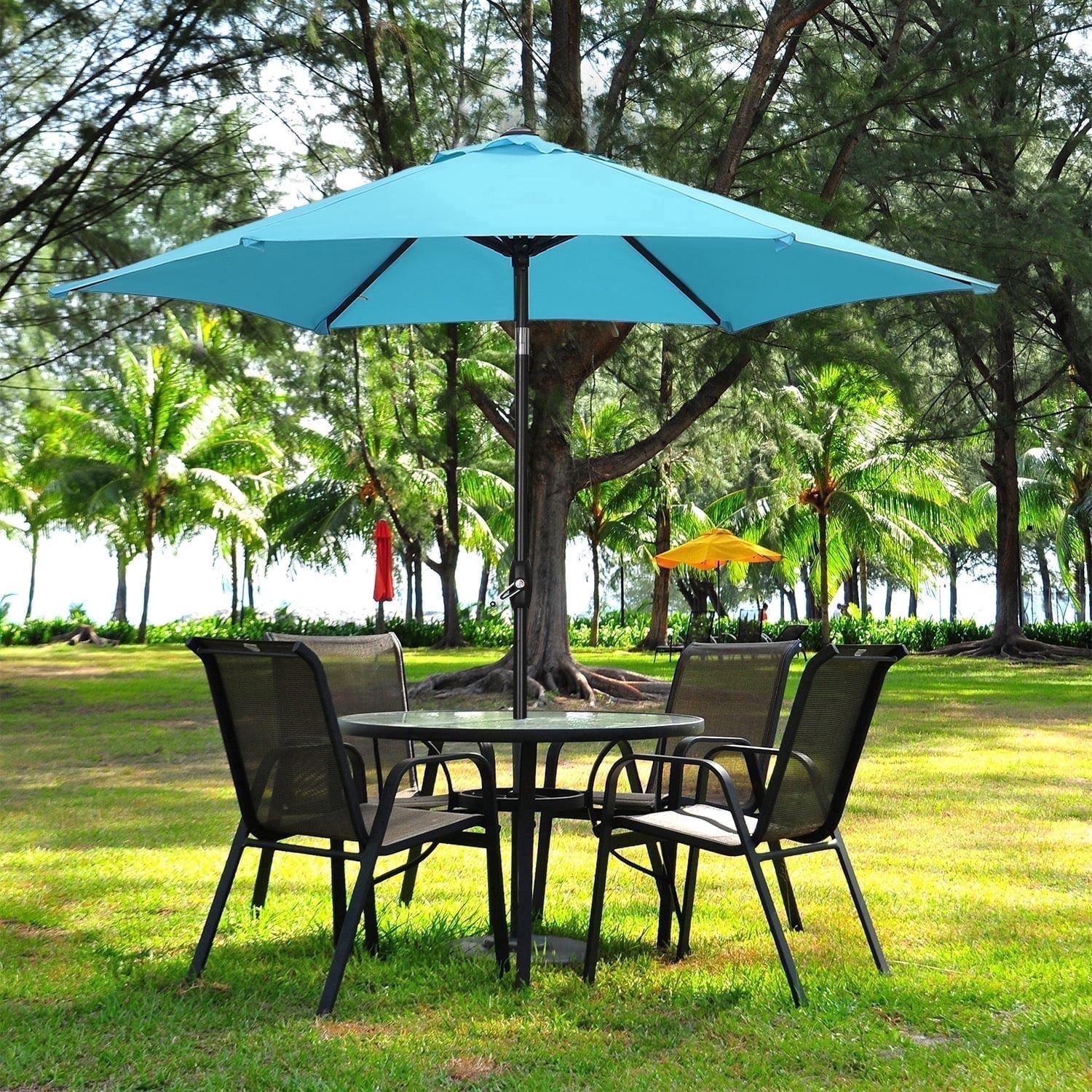 9 umbrella patio table AreShark FT for Outdoor, Outdoor Umbrella with Push Button Tilt and Crank, Outdoor Patio Umbrellas with 8 Sturdy Ribs for Market, Garden, Pool (Beige) : Patio Natural/Navy Outsunny 9' Patio Umbrella with