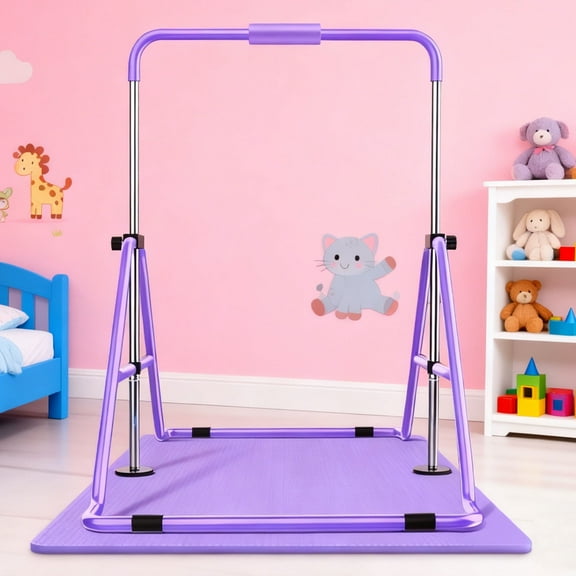 Ainfox Adjustable Height Kip Bar Fitness Gymnastics Training Bar, Horizontal Kip Bar for Kids,(Purple Kip Bar + Purple Gymnastic Mat)
