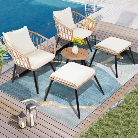 Ainfox 5 Pieces Patio Bistro Furniture Set on Sale,Outdoor Wicker Rattan Chat Conversation Set,Round Coffee Table,Yellow/Beige