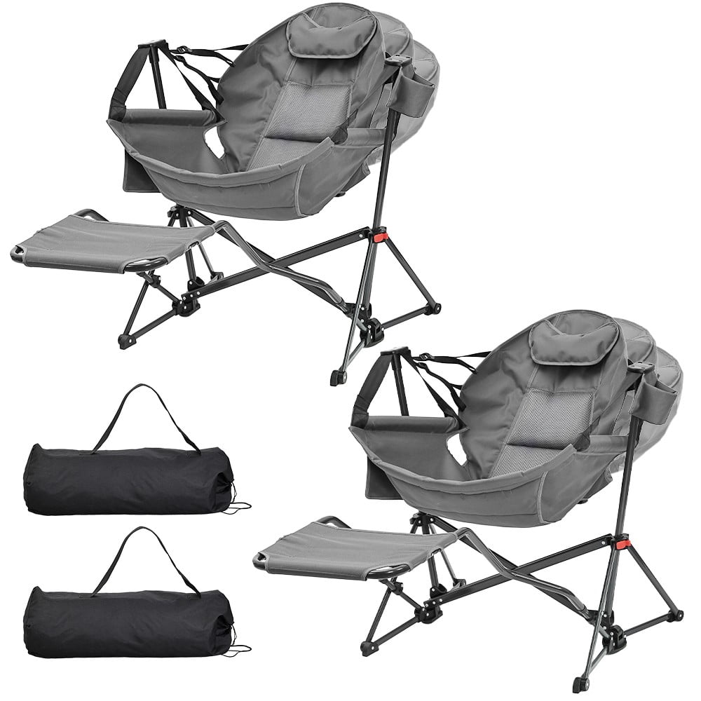Ainfox Foldable Portable Rocking Camping Chairs with Footrest, Cup Holder, Pillow, Grey(Set of 2)