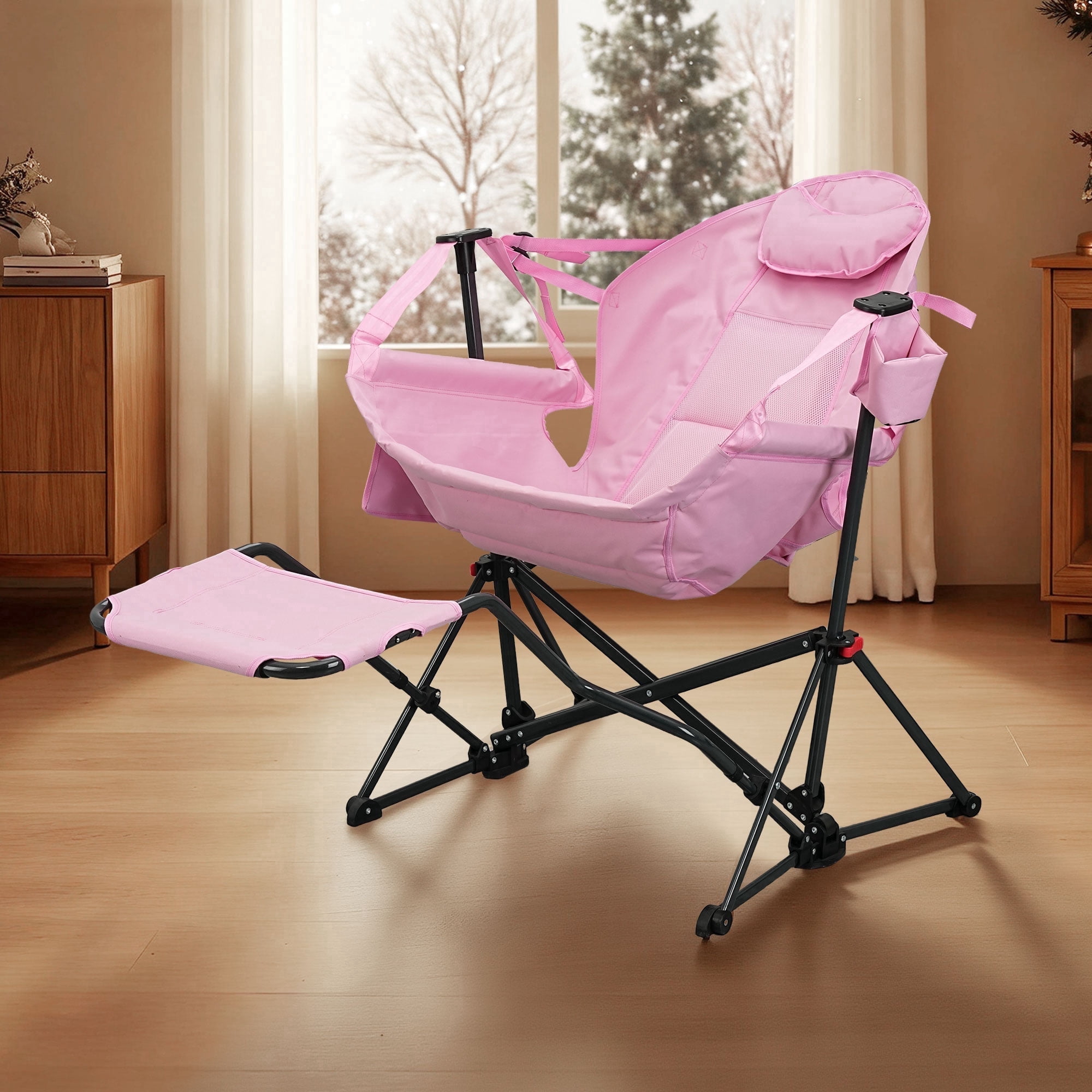 Ainfox Foldable Portable Rocking Camping Chairs with Footrest,Cup Holder,Pillow, Pink