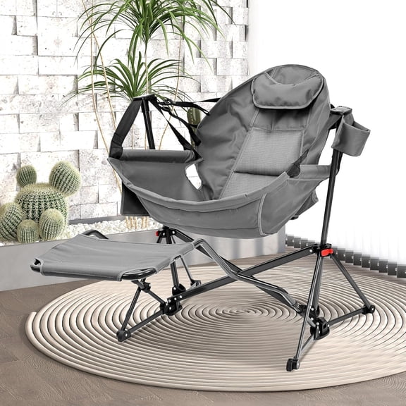Ainfox Hammock Camping Chair with Footrest, Foldable Portable Rocking Chairs for Adults Outside Swinging Camp with Cup Holder Pillow for Outdoor Patio Poolside (Light Grey)