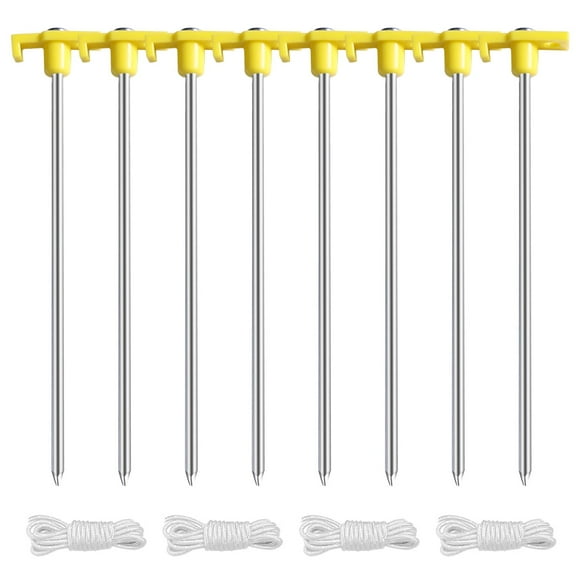 Ainfox Heavy Duty Tent Stakes - 8 Pack with 4 Ropes, Windproof & Rustproof Steel Ground Nails for Camping, Hiking, Beach, and Outdoor Adventures (Yellow Top & Silver Body)