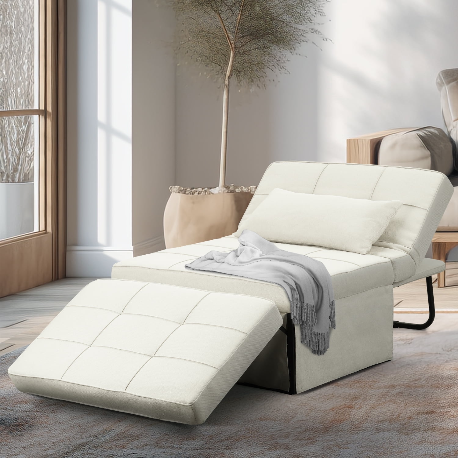 Ainfox Ottoman Chair Lounger Bed，4 in 1 Breathable Linen Convertible ...