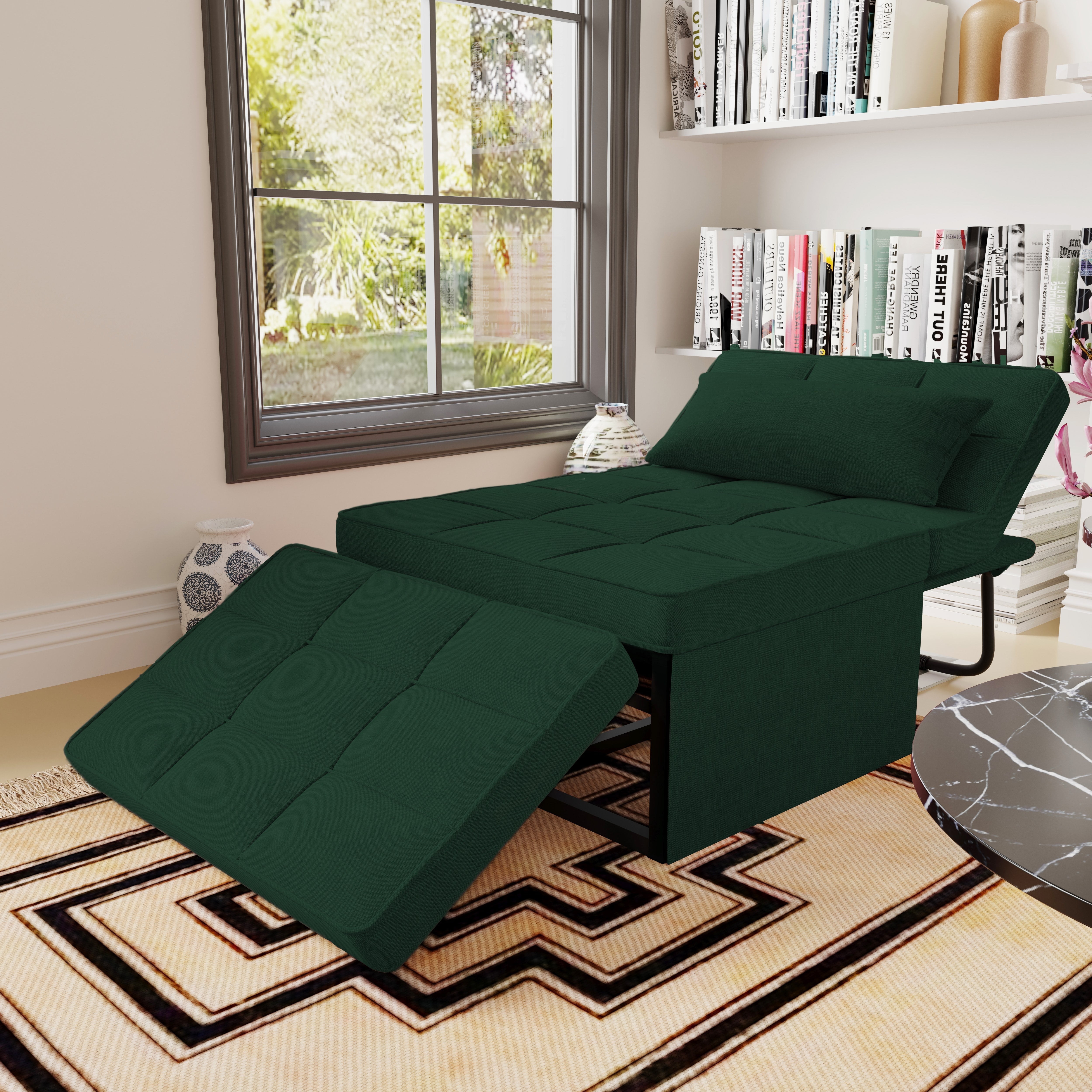 Ainfox Ottoman Chair Lounger Bed，4 in 1 Breathable Linen Convertible Single Sofa Couch Futon Bed, 71''L x 34''W(Green)