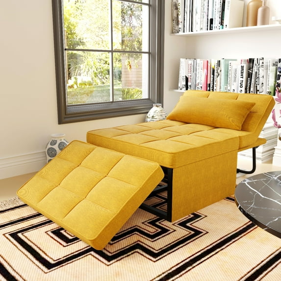 Ainfox Ottoman Chair Lounger Bed,4 in 1 Breathable Linen Convertible Single Sofa Couch Futon Bed, 71''L x 34''W(Yellow)